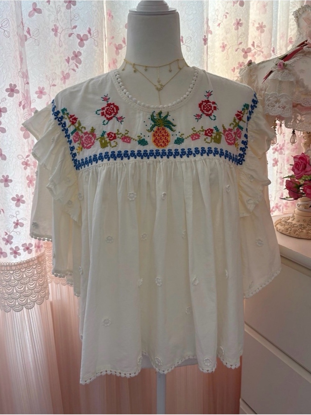 Embroidered Cream Peasant Blouse with Pineapple & Floral Motif
